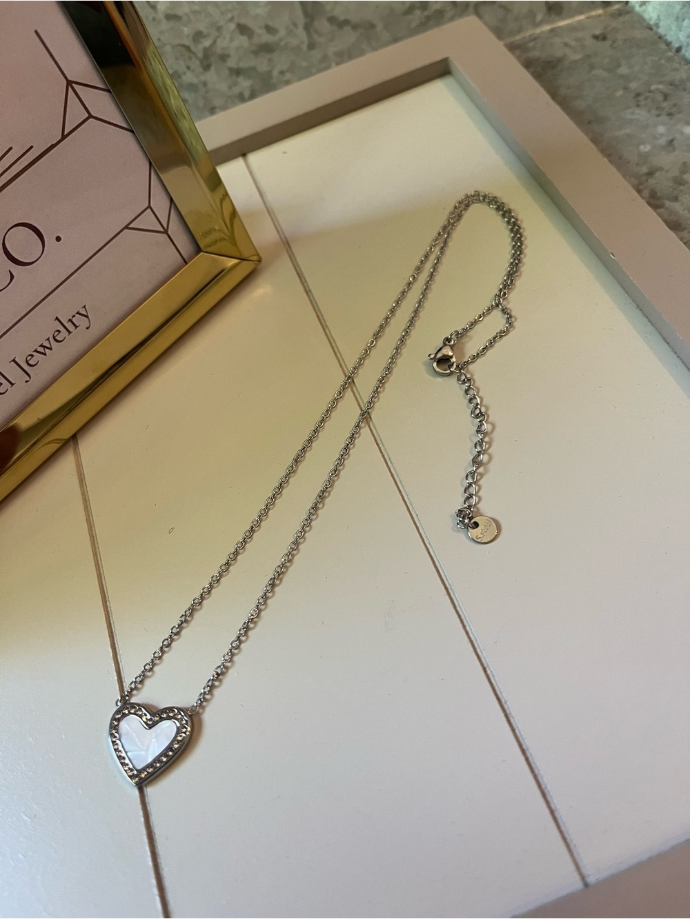 Silver Stainless Steel Heart Pendant Necklace with Mother-of-Pearl Inlay